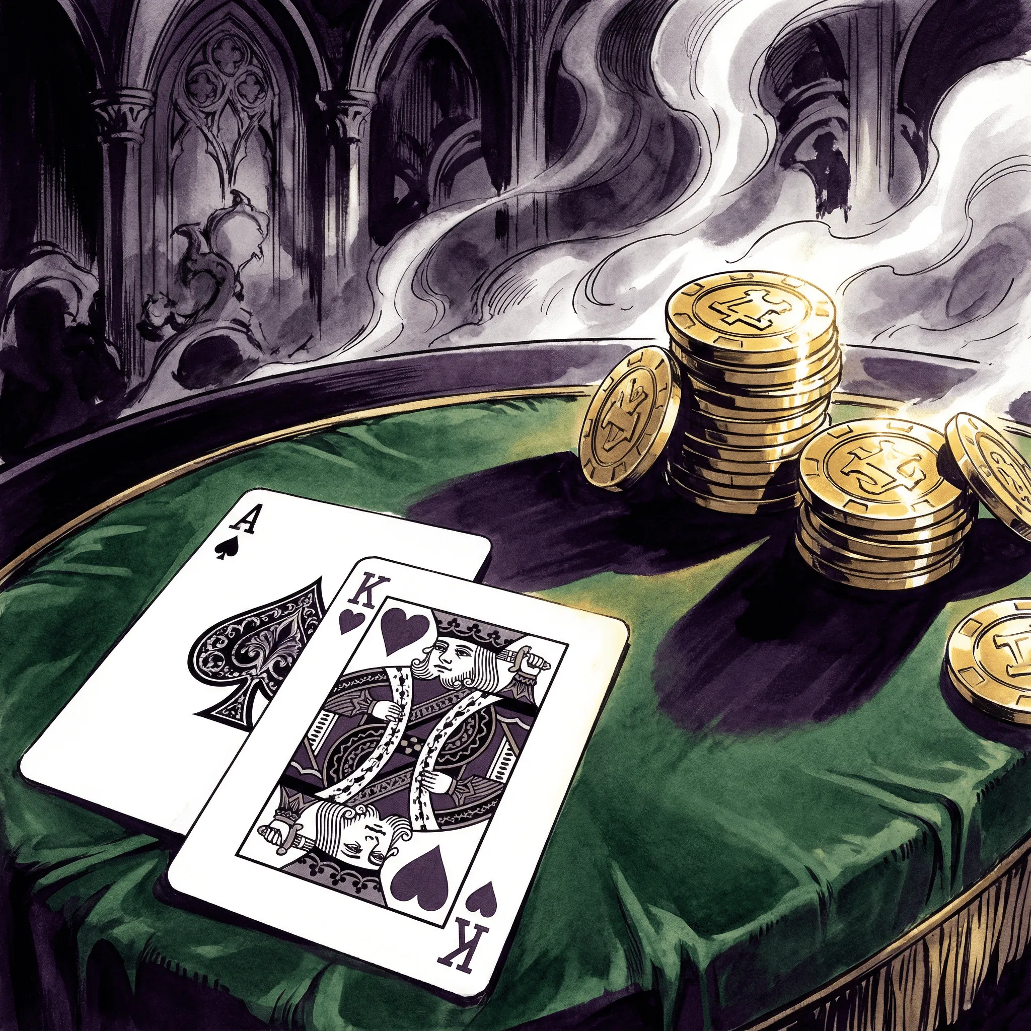 Mesa de blackjack com cartas e fichas